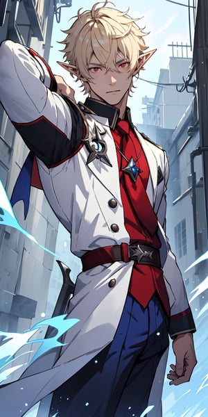 1man, young man, 25 years old, tall man, short curly hair, white blonde hair, blood red eyes, pointed ears,elf ears, ,wrench_genshin_style, school uniform, (schoool uniform: white blue) fantasy clothing, dynamic pose, masterpiece, aesthetic body, fitness body, ectomorph body, hd, 8k, high quality, perfect face, detailed eyes, relax face, pyromancer