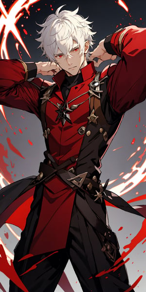 1man, young man, 25 years old, tall man, short curly hair, white hair, blood red eyes, pointed ears, ,wrench_genshin_style, magician clothes, fantasy clothing, dynamic pose, masterpiece, aesthetic body, fitness body, ectomorph body, hd, 8k, high quality, perfect face, detailed eyes, relax face, pyromancer