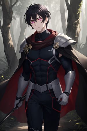 1man, young man,  25 years old,  short black hair,wavy hair,  glowing violet eyes, pale skin,  walking in a magical forest,  magical forest background,  day,  day light, wearing a hunter armor,black feather cape,  training,  challenger face,  fitness body,  piece teacher,  perfect face,  high quality,  American shot,  perfect face,  perfect hands,  muscular sensual body,  aesthetic and sensual body, Detailedface,1boy