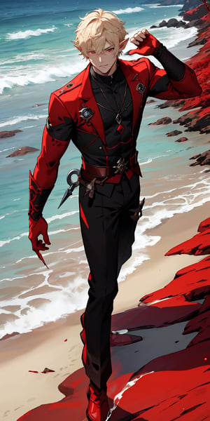 1man, young man, 25 years old, tall man, short curly hair, white blonde hair, blood red eyes, pointed ears,elf ears, ,wrench_genshin_style, beach short, (red and black beach short) fantasy clothing, dynamic pose, masterpiece, aesthetic body, fitness body, ectomorph body, hd, 8k, high quality, perfect face, detailed eyes, relax face, pyromancer