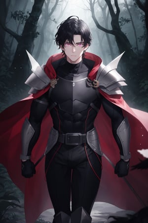 1man, young man,  25 years old,  short black hair,wavy hair,  glowing violet eyes, pale skin,  walking in a magical forest,  magical forest background,  day,  day light, wearing a hunter armor,black feather cape,  training,  challenger face,  fitness body,  piece teacher,  perfect face,  high quality,  American shot,  perfect face,  perfect hands,  muscular sensual body,  aesthetic and sensual body, Detailedface,1boy