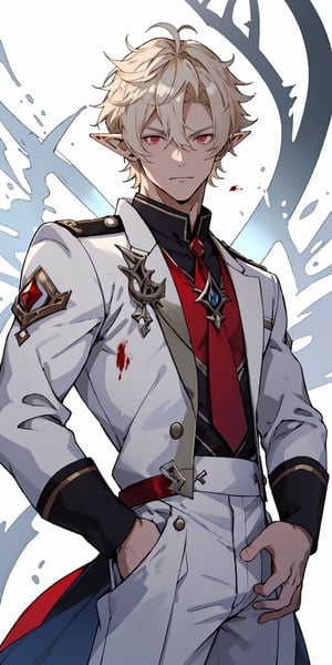 1man, young man, 25 years old, tall man, short curly hair, white blonde hair, blood red eyes, pointed ears,elf ears, ,wrench_genshin_style, school uniform, (schoool uniform: white blue) fantasy clothing, dynamic pose, masterpiece, aesthetic body, fitness body, ectomorph body, hd, 8k, high quality, perfect face, detailed eyes, relax face, pyromancer