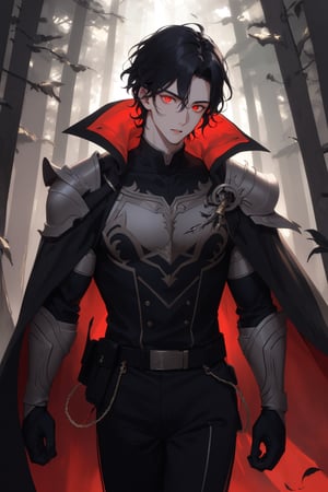 1man, young man,  25 years old,  short black hair,wavy hair,  glowing  red eyes, pale skin,  walking in a magical forest,  magical forest background,  day,  day light, wearing a hunter armor,black feather cape,  training,  challenger face,  fitness body,  piece teacher,  perfect face,  high quality,  American shot,  perfect face,  perfect hands,  muscular sensual body,  aesthetic and sensual body, Detailedface,1boy,wrenchftmfshn