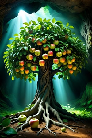 amazing image of a living apple tree with leaves and fruit in a mysterious cave, studio lighting, ray tracing, reflection, mystical fantasy, magical, sharp, glowing, macro photography, crazy details, realism photo.,DonMM4g1cXL,more detail XL