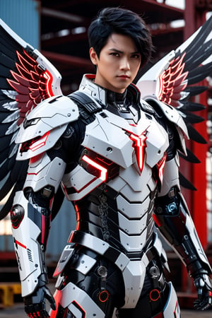 masterpiece, best quality, 1boy 37 yo, angel death wings, dynamic pose in shipyard, black hair short hair one side up, robot eyes, black eyes, red white lightning armor , CyberskullAI ,cyborg style,16k, UHD,realistic,neon