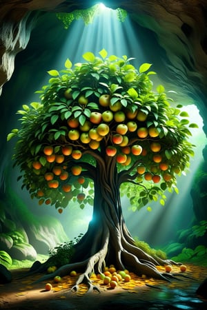 amazing image of a living apple tree with leaves and fruit in a mysterious cave, studio lighting, ray tracing, reflection, mystical fantasy, magical, sharp, glowing, macro photography, crazy details, realism photo.,DonMM4g1cXL,more detail XL