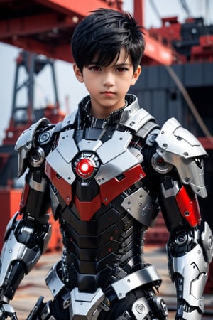 masterpiece, best quality, 1boy, dynamic pose in shipyard, black hair short hair one side up, robot eyes, red eyes, armor, CyberskullAI ,cyborg style