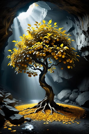 amazing image of a living apple tree with golden leaves and fruit in a mysterious cave, using only gold black and white, studio lighting, ray tracing, reflection, mystical fantasy, magical, sharp, glowing, macro photography, crazy details, realism photo.,DonMM4g1cXL,more detail XL