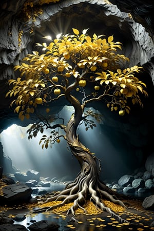 amazing image of a living apple tree with golden leaves and fruit in a mysterious cave, using only gold black and white, studio lighting, ray tracing, reflection, mystical fantasy, magical, sharp, glowing, macro photography, crazy details, realism photo.,DonMM4g1cXL,more detail XL