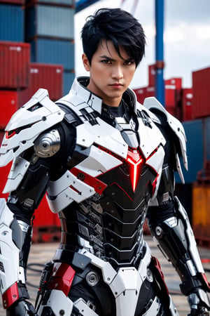 masterpiece, best quality, 1boy 37 yo, angel death, dynamic pose in shipyard, black hair short hair one side up, robot eyes, black eyes, red white lightning armor , CyberskullAI ,cyborg style