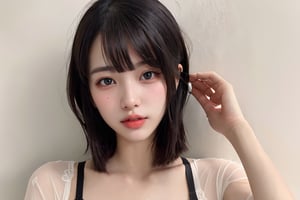 (masterpiece, best quality, photorealistic, high resolution, 8K raw photo), 
1girl, slender, Korean girl, smooth soft parl skin, detailed fair skin, black hair, (brown eyes, black eyes), small boobs, A slightly troubled face,
detailed skin, pore, lovely expression, blunt bangs, sheer bangs, realistic, cute look, 
Break
wet skin, wet body, 
wearing(bra top, wet), cowboy shot,
beauty model, beige plain background, bed room, Detailedface, 
Realism, Epic ,Female, Portrait, Raw photo, Photography, Photorealism, SGBB, alluring_lolita_girl, Young beauty spirit  ,little_cute_girl, 