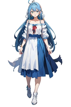 blue hair, long hair, red shirt, blue skirt, long skirt, ahoge, earrings, blue leggings, kingdom of rosas outfits, kingdom of rosas style, green eyes, gray blue skirt, red bareshirt, red off-shoulder shirt, fullbody,[(white background:1.5)