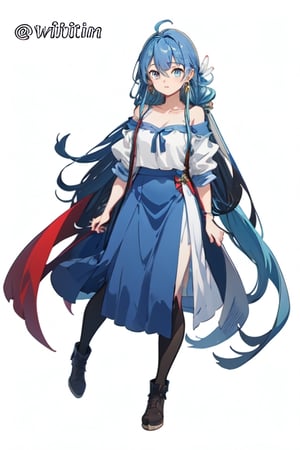 blue hair, long hair, red shirt, blue skirt, long skirt, ahoge, earrings, blue leggings, kingdom of rosas outfits, kingdom of rosas style, green eyes, gray blue skirt, red bareshirt, red off-shoulder shirt, fullbody,[(white background:1.5)