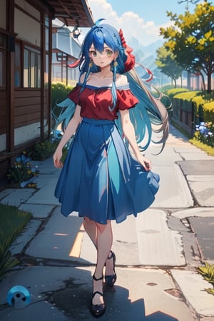 blue hair, long hair, red shirt, blue skirt, long skirt, ahoge, earrings, blue leggings, kingdom of rosas outfits, kingdom of rosas style, green eyes, gray blue skirt, red bareshirt, red off-shoulder shirt, fullbody