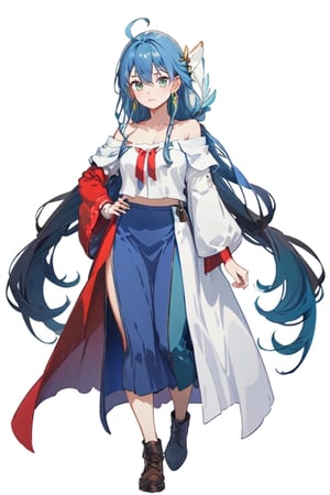 blue hair, long hair, red shirt, blue skirt, long skirt, ahoge, earrings, blue leggings, kingdom of rosas outfits, kingdom of rosas style, green eyes, gray blue skirt, red bareshirt, red off-shoulder shirt, fullbody,[(white background:1.5)