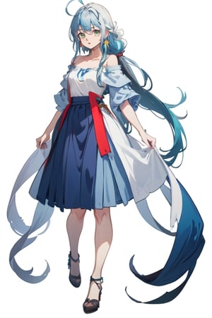 blue hair, long hair, red shirt, blue skirt, long skirt, ahoge, earrings, blue leggings, kingdom of rosas outfits, kingdom of rosas style, green eyes, gray blue skirt, red bareshirt, red off-shoulder shirt, fullbody,[(white background:1.5)