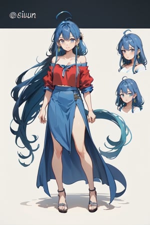 blue hair, long hair, red shirt, blue skirt, long skirt, ahoge, earrings, blue leggings, kingdom of rosas outfits, kingdom of rosas style, green eyes, gray blue skirt, red bareshirt, red off-shoulder shirt, fullbody, character sheet