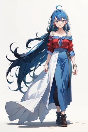 blue hair, long hair, red shirt, blue skirt, long skirt, ahoge, earrings, blue leggings, kingdom of rosas outfits, kingdom of rosas style, green eyes, gray blue skirt, red bareshirt, red off-shoulder shirt, fullbody,[(white background:1.5)