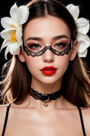 1girl, solo, looking at viewer, blue eyes, parted lips, choker, pointy ears, red lips, eyelashes, portrait, close-up, black lace eyemask, beautiful, realistic, ultra realistic, ultra detail, ultra detailed skin
