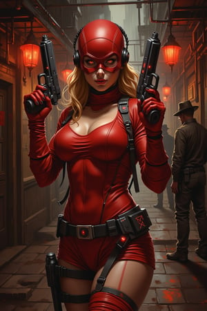 A dark and gritty evolyzed painting of a female superhero in a fighting stance. The top of her face is covered by a mask, her eyes glowing red. Her red superhero costume accentuates her muscular physique and large chest. She wears thigh high striped socks. She has two large, futuristic black hand guns with glowing indicators and laser targeting systems in her hands. The background is a seedy cyberpunk alley with dirty bars and prostitutes and other shady characters. The lighting is dramatic in red and orange with deep shadows.