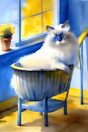  wat3rc0l0r, wc_negative_painting, wc_minimalist, birman cat, sleeping, windowsill, background wc_soft_washes in blue and yellow