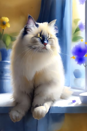  wat3rc0l0r, birman cat, sleeping, windowsill, background wc_soft_washes in blue and yellow