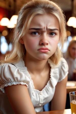 facial expression, 1girl, french, 15 year old, cute, blonde, disgusted, downturned mouth, furrowed brows, realistic skin, detailed face, facing viewer, background restaurant, 8k uhd, dslr, perfect lighting, high quality, realistic