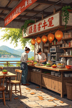 A highly detailed evolyzed illustration of a noodle bar.