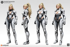 Evolyzed concept art for a game featuring the main character - a futuristic female soldier in revealing high-tech armor in different poses.