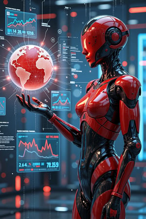 A highly detailed evolyzed rendering depicting a futuristic, humanoid robot with a sleek, red and black metallic exterior. The robot is positioned in the center of the image, facing slightly to the left. Its body is elongated and slender, with a smooth, glossy finish that reflects light, giving it a high-tech, almost liquid-like appearance. The robot's head is helmet-like, with a sleek, aerodynamic design and a red visor that covers the eyes. The robot's right hand is extended towards a glowing, semi-transparent globe floating in the foreground, which is filled with various digital data and information in the form of lines, icons, and numbers. The globe is primarily red, with white and blue accents, and is surrounded by blue and white digital lines that radiate outwards, suggesting a connection to the robot. The background is a futuristic, high-tech environment with a mix of blue and red hues. There are floating panels displaying various data and information in a digital format, including graphs, charts, and text. The overall atmosphere is one of advanced technology and data processing, with a focus on the robot's interaction with the digital world.