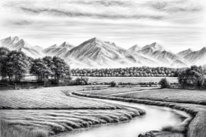 pencil drawing, graphite media, grayscale, hatching texture, village, dog, horses, sheep grazing, fields, pond, a few trees, mountains, background white patterned paper, composition follows the golden ratio