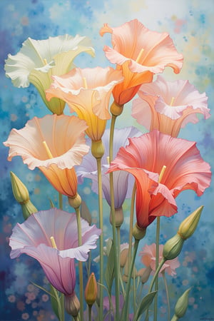 An evolyzed painting depicting a vibrant, ethereal scene of delicate, translucent flowers. The painting showcases a collection of large, trumpet-shaped flowers with delicate, ruffled petals. The flowers are arranged in a cluster, with their tall, slender stems and leaves blending into the background. The flowers' colors range from soft pastels to vibrant hues, creating a dreamy, almost otherworldly effect.