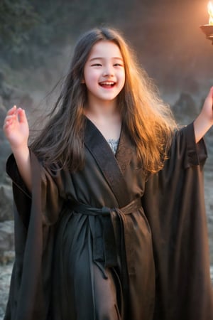 dark night, facial expression, as1a, 13 year old girl,  long flowing hair, excited, open mouth, wide smile, wide open eyes, raised arms, long dark robe with glowing ancient symbols, 8k uhd, dslr, realistic, magical lighting,photorealistic, A1