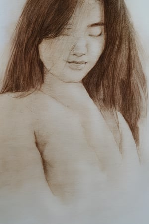 pencil drawing, brown pencil media, smooth shading, 18 year old Korean girl, long hair, beautiful, naked, upper body, background brown drawing paper