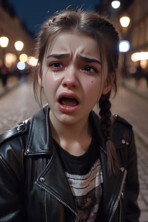 facial expression, 1girl, german, 15 year old, cute, crying with mouth open, realistic skin, detailed face, facing viewer, wearing goth clothes, background sidewalk at night, 8k uhd, dslr, perfect lighting, high quality, realistic