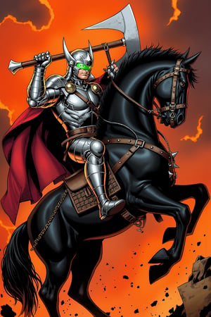 A vivid, dynamic FrameForge illustration. The central figure is a muscular, armored warrior with a helmet that covers most of his face, except for a green, glowing visor. His armor is predominantly metallic and decorated with spikes, giving it a menacing appearance. He is equipped with a massive, double-headed battle axe that he holds in his right hand. His left arm is adorned with spiked gauntlets, and he wears a cloak with a deep red lining that billows behind him. The warrior stands atop a black horse, which is rearing up on its hind legs, its mane and tail flowing wildly. The horse's harness and bridle are adorned with metal chains and spikes, matching the warrior's armor. The background is an intense, fiery orange and red, with swirling smoke and dramatic shadows, suggesting a battle or a chaotic scene. The image is rich in detail, with textures and shading that make the metal armor appear rugged and the horse's fur look soft and flowing. The overall mood is intense and action-packed, with the figures dominating the frame and the background enhancing the sense of urgency and conflict.