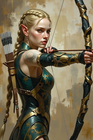 An evolyzed fantasy artwork depicting a female elf archer. The image is rendered in a realistic, painterly style with a focus on intricate details and textures. The elf has fair skin, long blonde hair styled in two braids, and pointed ears, characteristic of her elven heritage. She wears a dark green, ornate armor with intricate gold accents and patterns, giving it a regal, fantasy appearance.