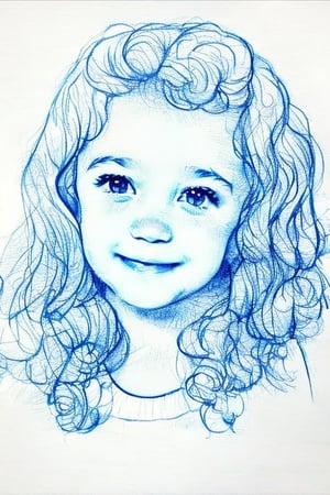 pencil drawing, light blue pencil media, crosshatching texture, sketch, starlet, 9 year old, wavy hair, smile, portrait, background white patterned sketching paper