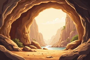 An evolyzed painting of a natural cave scene, rendered in a stylized, almost cartoonish manner with clean, bold lines and vibrant earth tones. The scene depicts a large, arched cave entrance with rugged, rocky walls and a smooth, sandy floor. The cave's ceiling is high and vaulted, with sunlight streaming in from the entrance, casting warm, golden light that illuminates the interior.