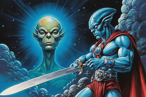  A dynamic and colorful illustration in a comic book, RetroSci style. In the foreground, a muscular, blue-skinned alien with a stern expression is depicted in a dynamic pose, holding a large, glowing sword. The alien has a large, pointed head and a muscular, humanoid body. He is wearing a red and black striped belt and a cape with a blue border. In the background, another alien figure with a similar blue skin tone and a more serene expression is shown floating in space, surrounded by a bright, glowing blue aura. The background is a deep space scene with stars and planets, and the alien's face is illuminated by a bright light.