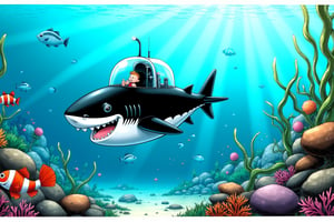 This is a FrameForge style illustration. The scene depicts an underwater adventure with a black and white shark-shaped submarine, designed with a sleek, streamlined body and a clear dome cockpit. Inside the cockpit, a small, round-headed character with a red and white striped shirt is visible, likely the pilot. The shark's mouth is open, revealing a friendly smile with a single tooth. Surrounding the submarine, various aquatic plants and fish are illustrated. On the left side of the image, there are two red and white striped fish swimming in the foreground, adding to the underwater ambiance. To the right, green and brown seaweed-like plants extend towards the surface, creating a sense of depth. In the background, the water is a deep blue, and there are hints of coral and other underwater flora, indicating a vibrant and diverse marine ecosystem. The overall composition is vibrant and playful, with a clear focus on the submarine and its occupants, set against a detailed underwater backdrop, typical of Hergé's meticulous and whimsical storytelling style.