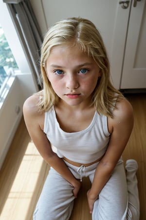 pov, from above, indoors, am3r1can girl, 13 year old, blonde hair, kneeling, face focus, wearing white tank top and sweatpants, shallow depth of field, 8k uhd, dslr, soft lighting, high quality, film grain, Fujifilm XT3