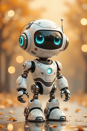 A highly detailed evolyzed rendering of a cute, anthropomorphic robot standing on a reflective, metallic surface. The robot has a spherical head with large, expressive blue eyes, giving it a child-like appearance. Its head is adorned with various metallic panels and circular sensors, creating a sleek, futuristic look. The robot's body is segmented, with each segment featuring a combination of glossy white and metallic silver panels, giving it a polished and high-tech appearance. The robot's arms and legs are articulated, allowing it to move in a natural, humanoid manner. Its hands and feet are equipped with small, metallic claws, enhancing its robotic appearance. The background is a softly blurred gradient of warm, golden hues, with circular light sources creating a bokeh effect that adds a sense of depth and ambiance. The overall scene is rich with texture and light, creating a sense of warmth and sophistication. The image exudes a blend of whimsy and advanced technology, making it both endearing and futuristic.