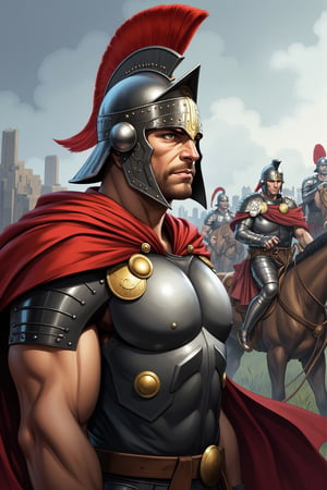 A FrameForge style cover art. The image prominently features a muscular, stern-looking man wearing ancient Roman armor, including a helmet adorned with a plume and intricate designs. His armor is metallic gray with red accents, and he wears a red cape draped over his shoulders. The man's expression is serious, with a focused gaze directed slightly to the right. In the background, several figures in Roman military attire are depicted, some mounted on horses, and others standing. The figures are rendered in a similar style to the main character, with detailed armor and helmets. The background is a mix of muted grays and blues, creating a sense of a foggy or misty battlefield. The overall art style is realistic, with a focus on historical accuracy and detailed textures in the armor and clothing. The image conveys a sense of ancient warfare and the grandeur of the Roman Empire.