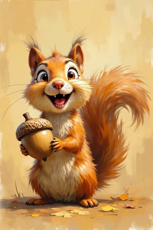 A whimsical evolyzed painting of a super cute, excited squirrel holding a huge acorn.