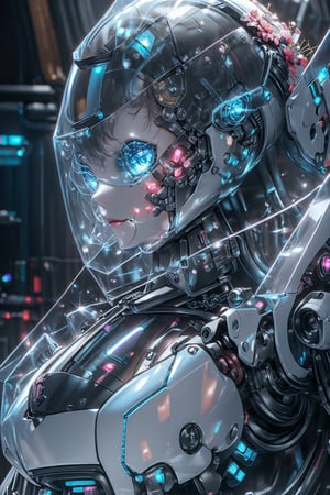 Dark aesthetic,  (tiny cute translucent polycarbonate sci-fi robots), polycarbonate plastic frame, stunning unreal engine render, intricate details,( robot girl), Oil Painting