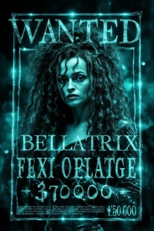 Create a digital holographic wanted poster of (Bellatrix Lestrange), transparent WANTED POSTER, "Dead of Alive and Bounty-1000000" with text at bottom Hologram, glowing texts, Glowing effects, ((holographic 3D projection)), (detailed face and eyes), (detailed texts), correct texts, cinematic, extreme High details, ((best quality, masterpiece)), 16K UHD, Full image size. Isometric view