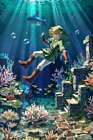 Link, handsome  white boy from the legendary video game The Legend of Zelda,  he is diving underwater. light brown trousers, brown boots, short hair, pointy ears,  green shirt, puffy sleeves, short sleeves, fingerless gloves, black gloves.The setting is a light, clear underwater, full of soft sunlight,top view picture, fish, corals,air bubble from his mouth, aancient ruins far away
, Toon_Link_Zelda,link,penerec,the legend of zelda,yoimiyadef,tunic