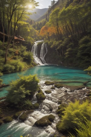 jiuzhaigou valley landscape,8k, clear lake,trees,Colorfull,Ultra-wide lens view,Richness,photo realistic,colorfull,waterfall,firefliesfireflies