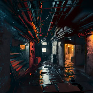 indoors, no humans, yellow dim lights, scenery, door, dark, industrial pipe, alley, trash bag,electric wire,cybernetic,ruins,filthy,8k, (sharp focus:1.2), super (wide angle),complex and unstable building structures,neon lights and dense floors outside window, ((intensive fear)),hallucinogenic effects